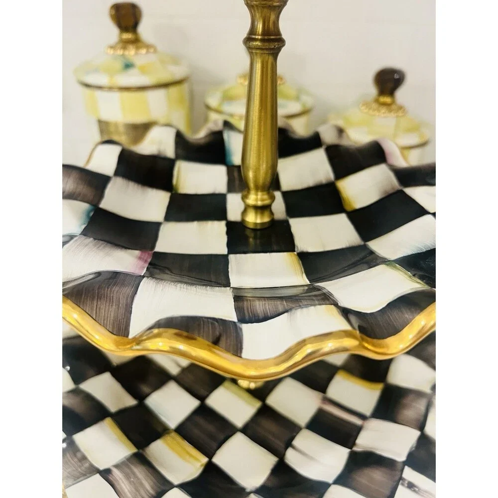 MacKenzie-Childs Courtly Check 3 Tier Sweet Stand Ceramic Gold 17”